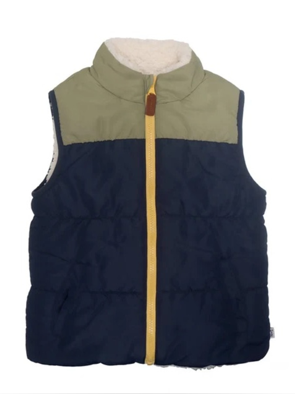 Sammy + Nat Cream Sherpa reversible Vest with Olive Pocket and Yellow Zipper 2T